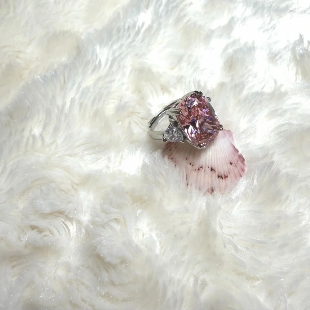 8 Carat Pink CZ Cushion Ring S925 Sterling Silver Adjustable‎ Band Vacation Ring